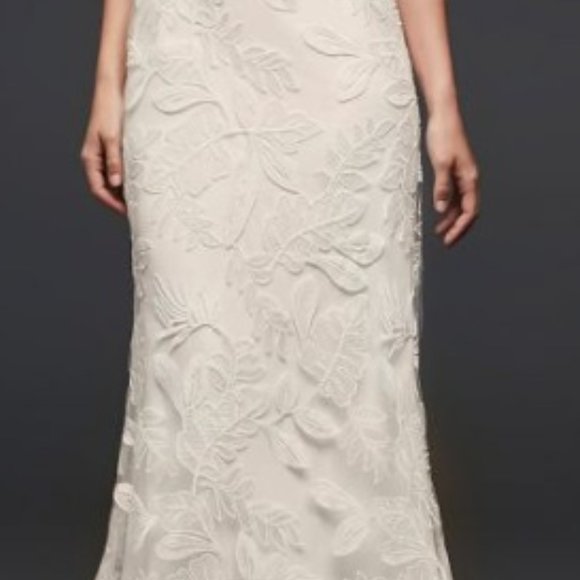 NWT: Wedding Gown: sequin leaf-appliqued high neck sheath gown - Picture 3 of 6